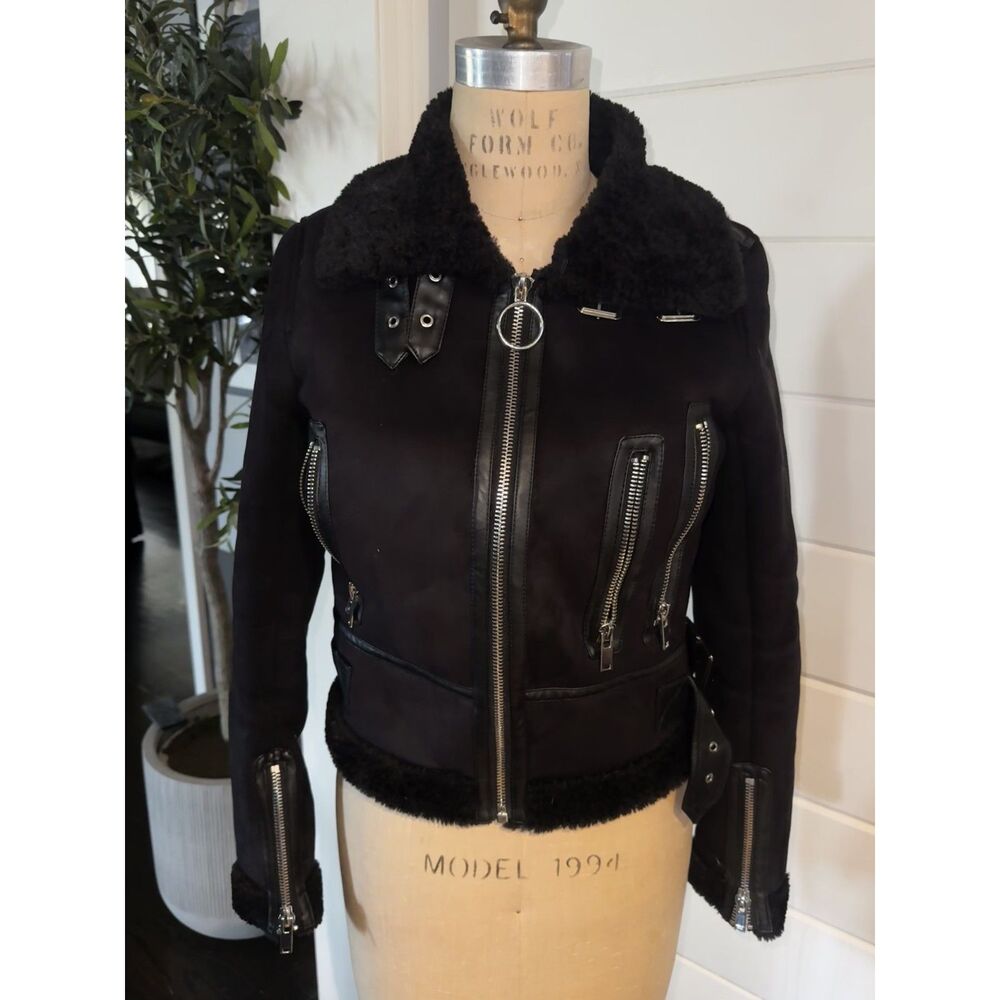 Zara Women's S Black Faux Suede Shearling Moto Biker Jacket Faux Fur Zip